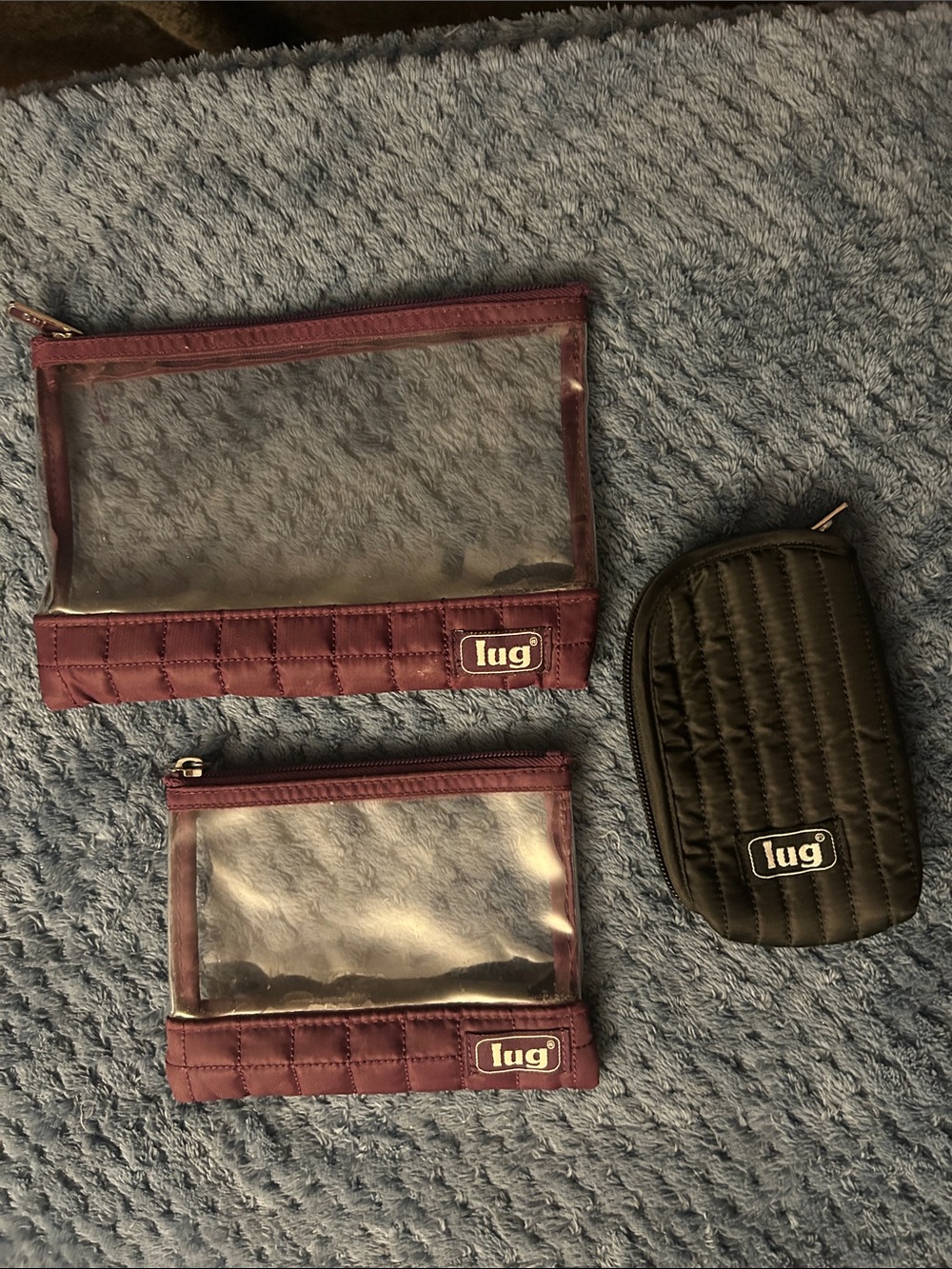 lug Quilted Clear Cosmetic Pouches in Plum and Black